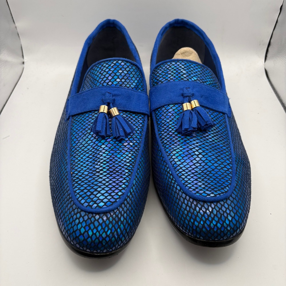 Royal Shoes Mens Blue Iridescent Snakeskin Tassel Loafers Red Bottom Size 12